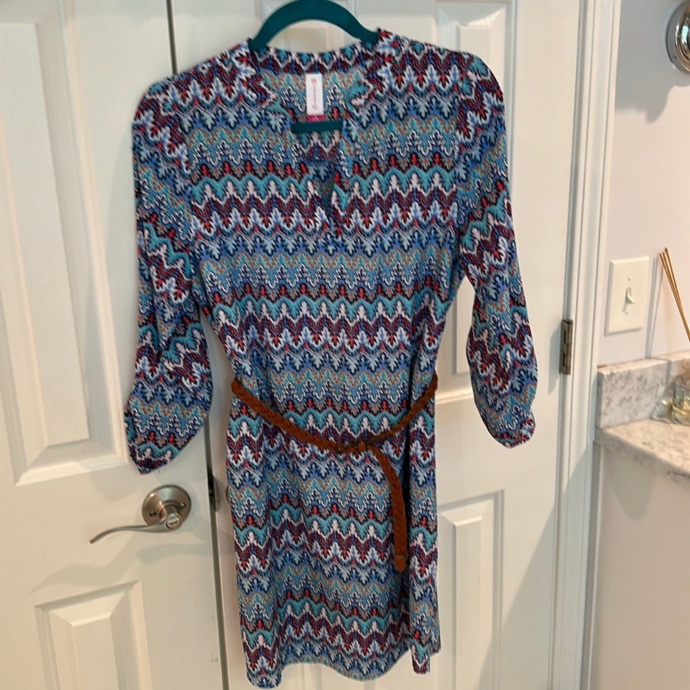 Blue/Teal/Coral printed 3/4 sleeve dress